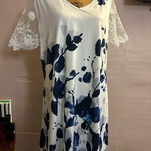 White and Blue Floral Dress with Lace Sleeves
